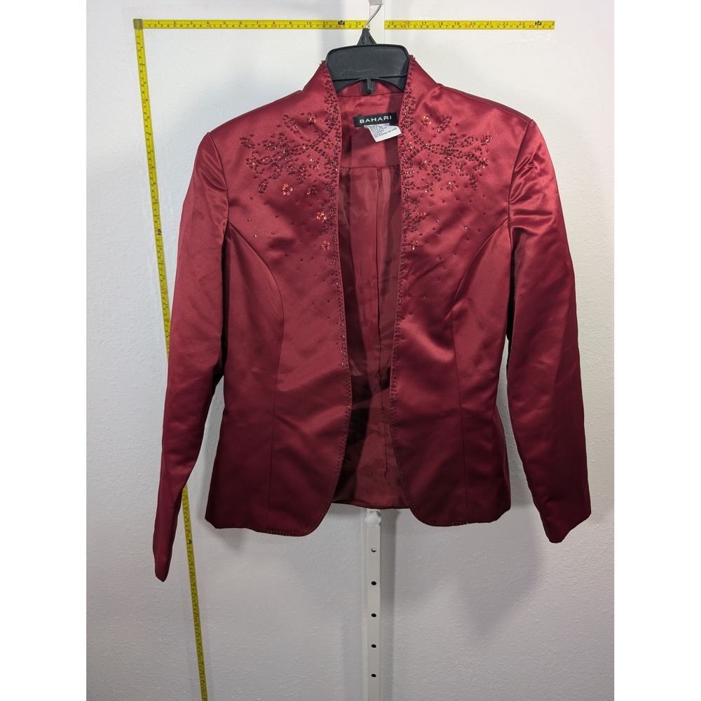 Bahari Red Satin Beaded Evening Blazer Jacket Size 10 Formal Holiday Party